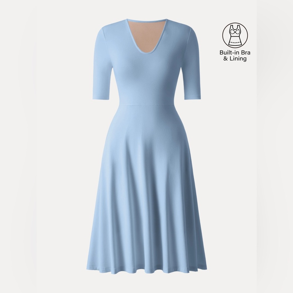 NEW OGL Move Stretch Cotton V-Neck Elbow Sleeve Midi Bra Dress